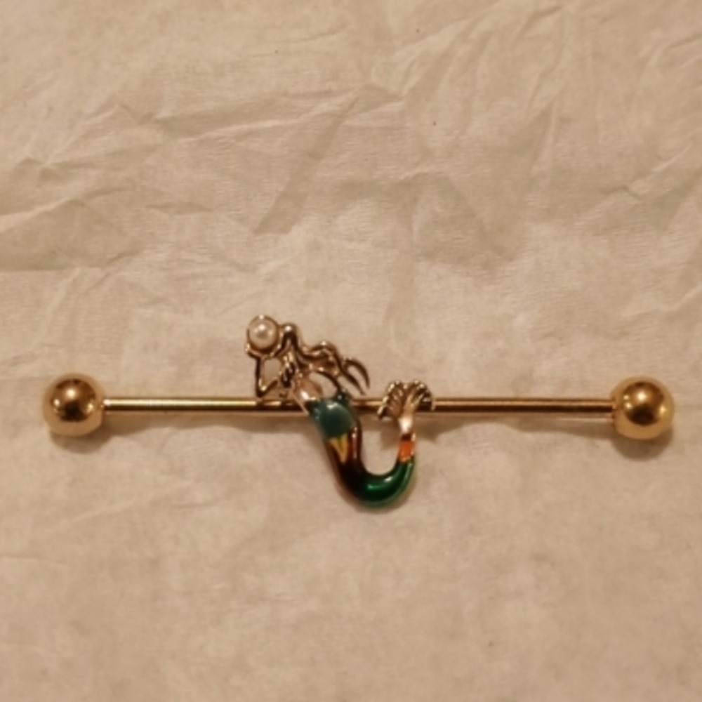 14G White Orb Gold PVD Rainbow Mermaid Industrial Barbell 38mm